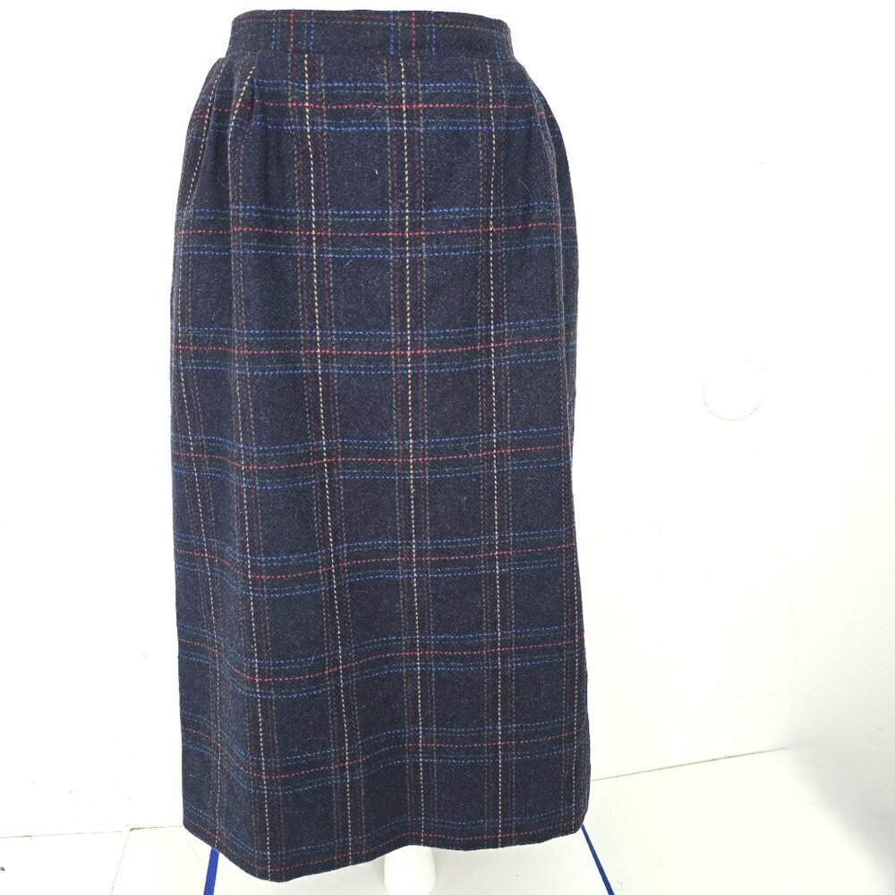 Vintage Women's Fuzzy Wool Navy Blue Plaid Maxi MiDi Skirt Modest Size 14   Wais